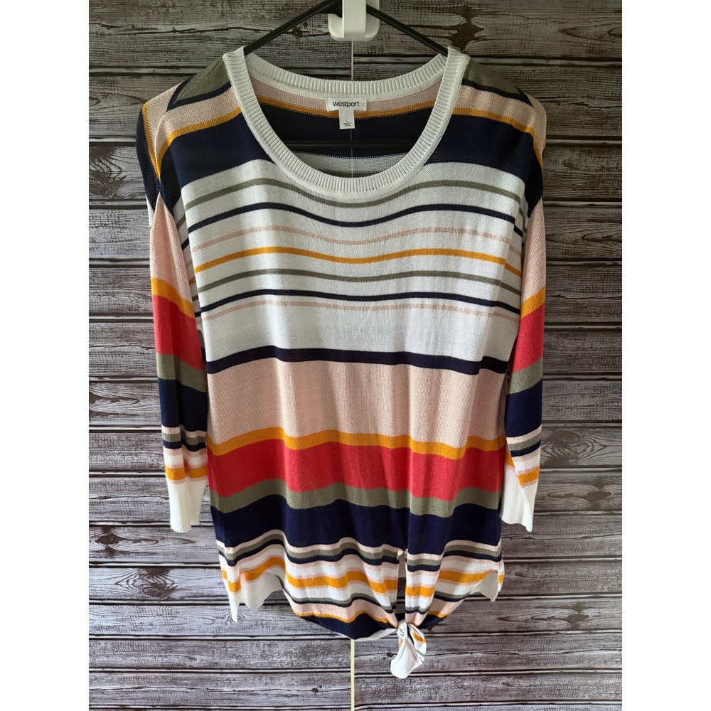 Westport Dressbarn Women's Sweater Size L White Multicolor Stripe Tie Front NWT